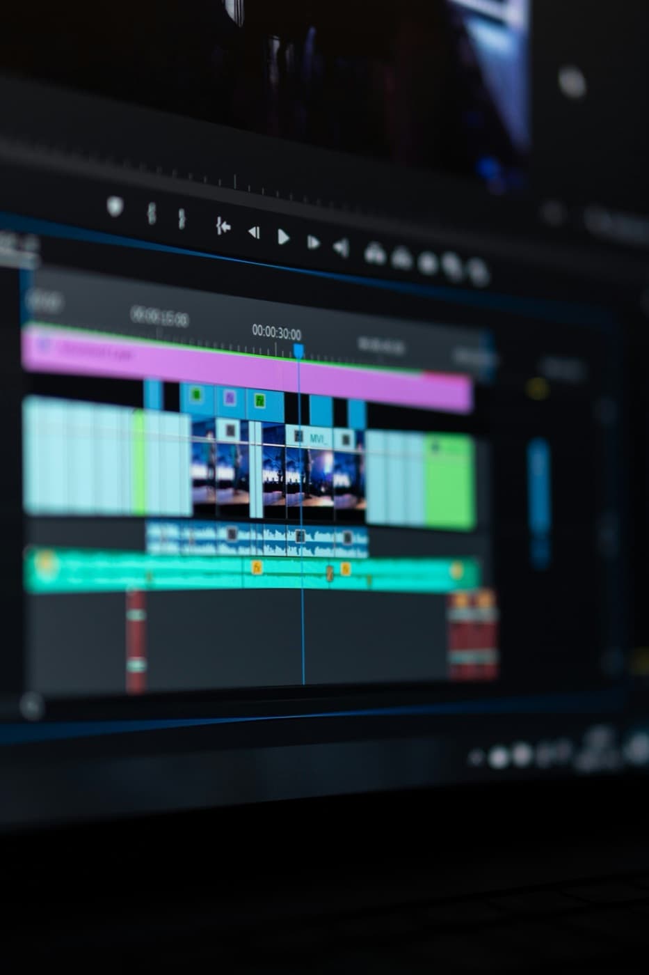 Close-up of a video editing timeline in an editing suite